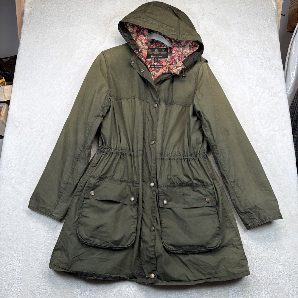 Barbour Lula Durham Women's Waxed Jacket Olive Floral Hood US 6 UK 10